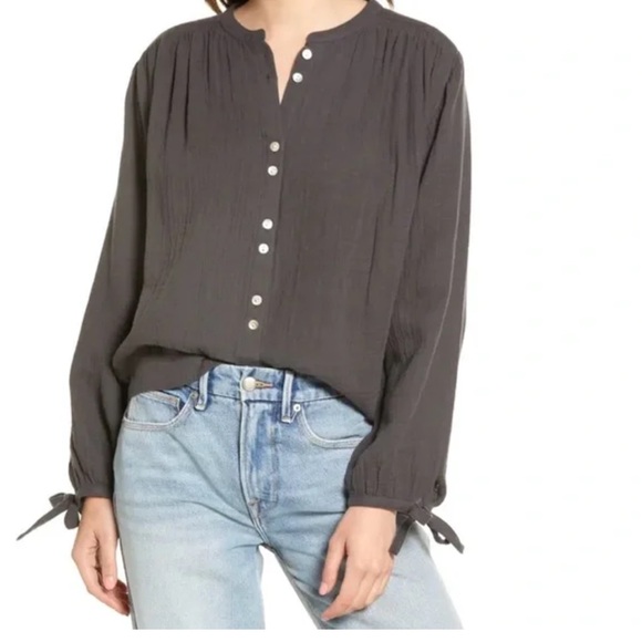 FAHERTY Everleigh Organic Cot-ton Gauze Button Front Blouse Gray Size Small - Picture 1 of 9